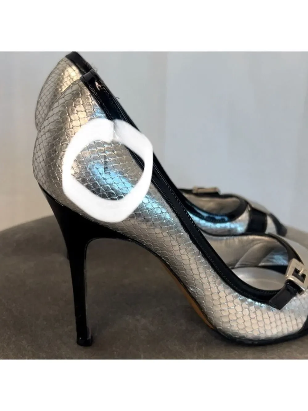 Luciano Padovan metallic silver snake embossed black trim high heels 39 leather